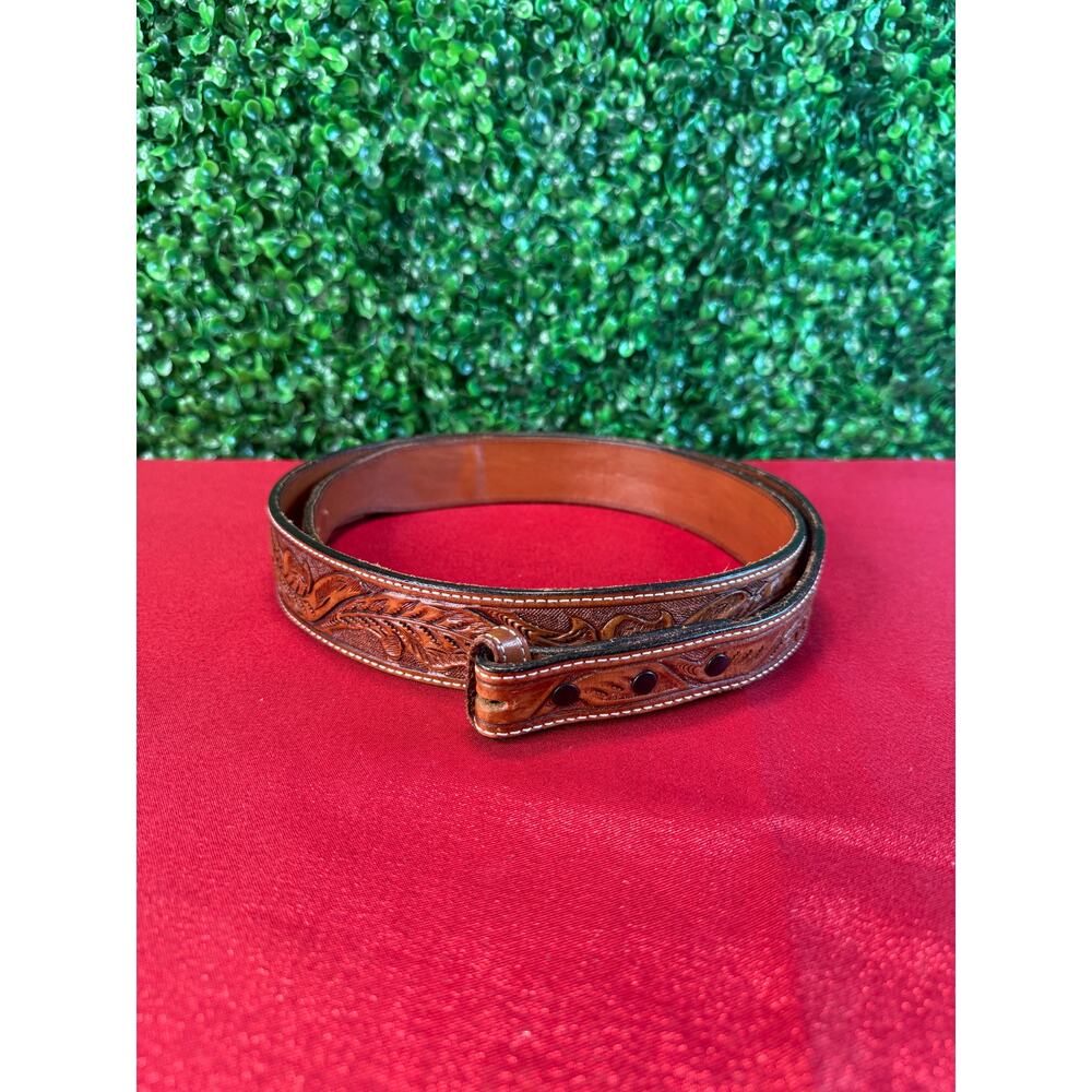 Vogt Western Belt Size 48 Embossed Hand Tooled Leather Mexico Brown No Buckle
